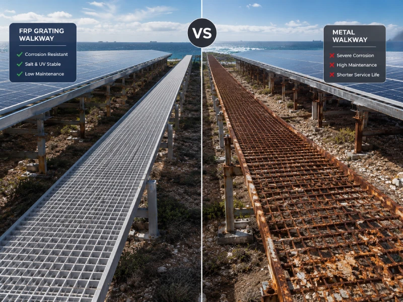 เหตุใด FRP Grating จึงเป็นวัสดุที่ดีที่สุดสำหรับทางเดิน PV O&M (FRP Solar Grating เทียบกับโลหะ)